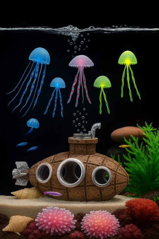 "Submarino y medusas decorativas para acuario
